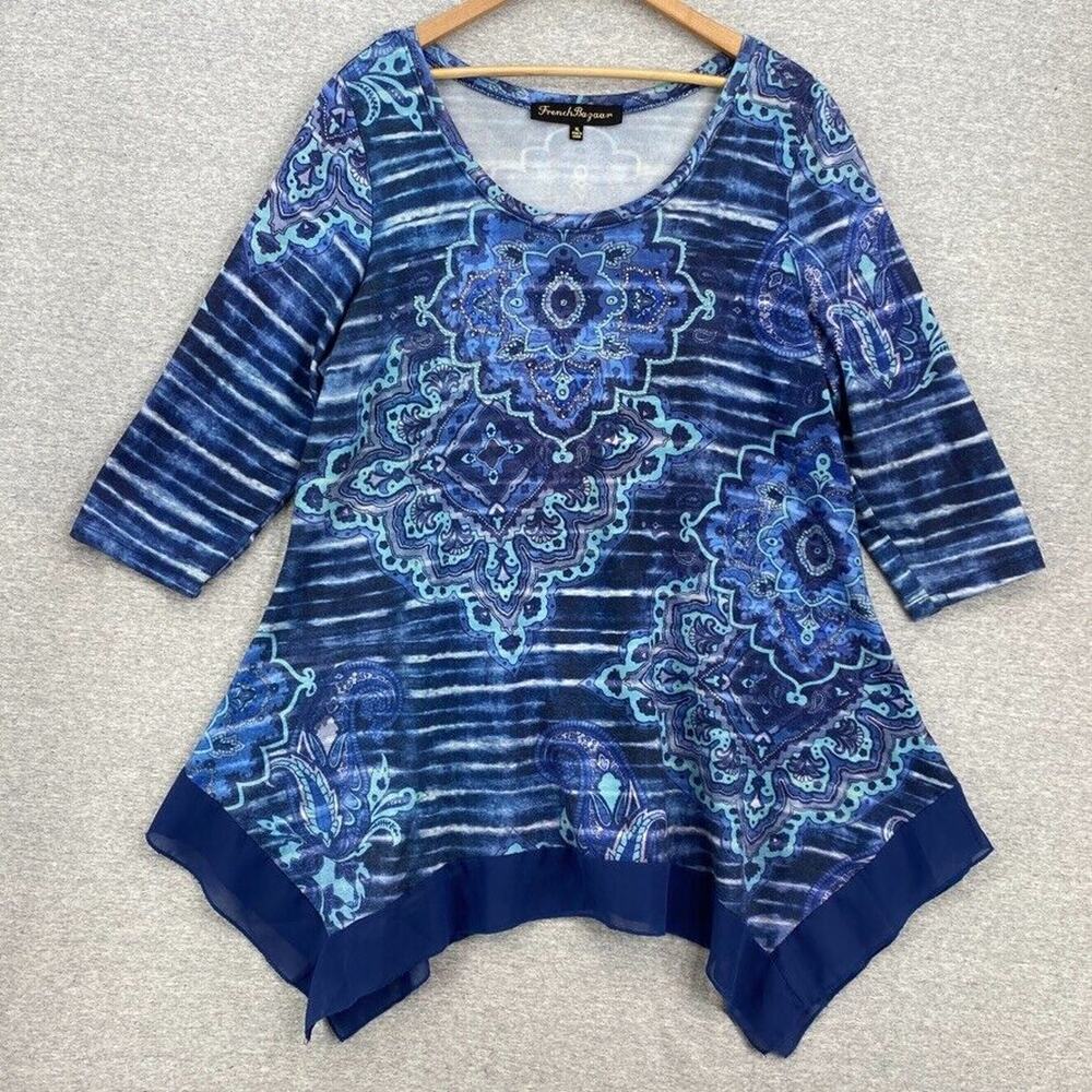 French Bazaar Tunic Blouse Top Womens Extra Large Embellished 3/4 Sleeve